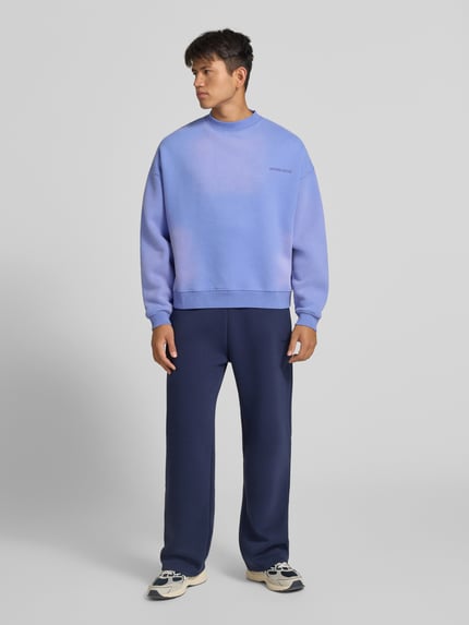 Männermodel trägt Relaxed Fit Sweatshirt aus Baumwoll-Mix Modell 'Sunday' von ANOTHER COTTON LAB in Blau mit rückseitigem Print, Ganzkörperansicht von vorne.