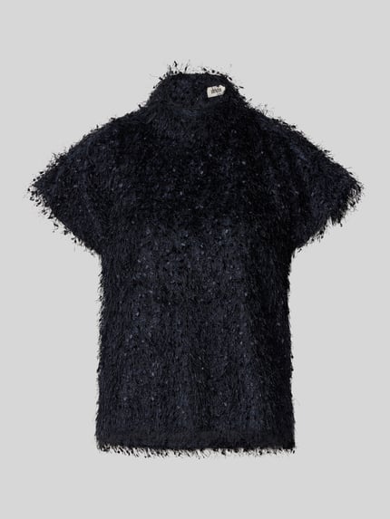 Produktfoto, Blusenshirt mit Stehkragen Modell 'ALARIA' von Drykorn, czarny, krótki rękaw, luźny krój, tekstura z wystrzępieniami, materiał z domieszką modalu