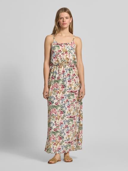 Frauenmodel trägt Maxikleid aus Crêpe Modell 'WINNER LIFE' von Only mit florales-Allover-Muster, tailliert, Rundhals, verstellbare Spaghettiträger, elastisches Taillenband, Materialverarbeitung: Crêpe, Maxi-Länge, Optik:Allover-Muster, Ganzkörperansicht von vorne.