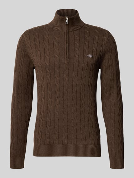 Productfoto, Troyer met Half Zip van GANT in effen bruine kabel- en structuurbreisel, regular fit, ribzoom, logostiksel