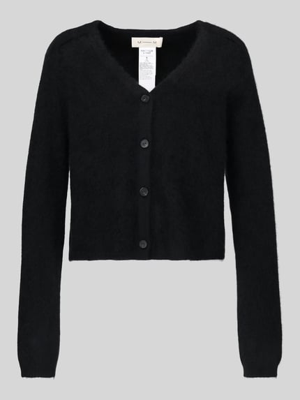 Produktfoto, schwarze Strickjacke aus Leinen-Kaschmir-Mix mit V-Ausschnitt von MM by Max Mara, Regular Fit, Knopfleiste, glatte Textur.