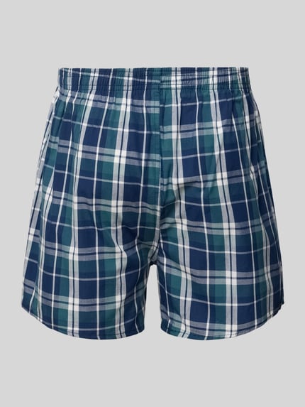 Produktfoto, Boxershorts im 6er-Pack mit Label-Patch von Phil&Co. aus reiner Baumwolle, kariertes Muster in Blau, Grün und Weiß, elastischer Bund, lockere Passform, Eingriff mit Knopfverschluss, strukturierte Textur, für Herren