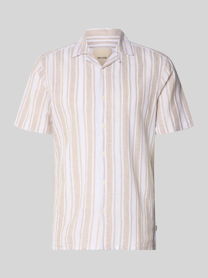 Produktfoto, Regular Fit Leinenhemd aus Baumwoll-Leinen-Mix Modell 'CAIDEN' von Only & Sons, Optik:Allover-Muster, gestreift, beige-weiß, kurzarm