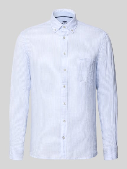 Produktfoto, Slim Fit Leinenhemd mit Button-Down-Kragen von Fynch-Hatton aus reinem Leinen, feines Streifenmuster, Brusttasche, Label-Stitching