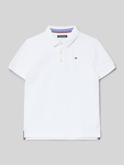 Produktfoto, Poloshirt mit Logo-Stickerei van Tommy Hilfiger voor tieners, wit, mix van katoen en elastaan, recht model, piqué, polokraag, knoopsluiting, ribboorden, zijsplitten, kleine geborduurd logo op de borst, ruglengte maat 14: 63 cm.