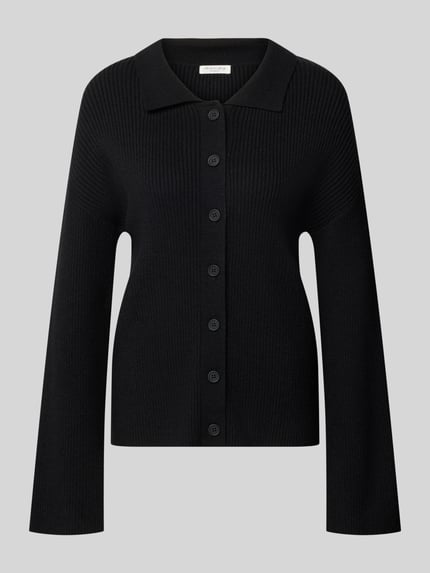 Produktfoto, Cardigan aus Viskose-Mix mit Polokragen von Christian Berg Woman, schwarze Ripp-Optik, Knopfleiste, Regular Fit, Damenmode