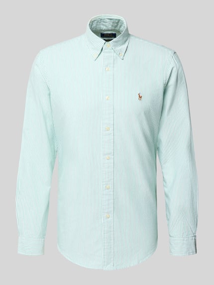 Produktfoto, Freizeithemd mit Knopfleiste von Polo Ralph Lauren in Mint mit weißen Streifen, Reine Baumwolle, Regular-Fit, Button-Down-Kragen, Label-Stitching, Rückenlänge 74 cm, Schulterbreite 46 cm, Ärmellänge 65 cm.
