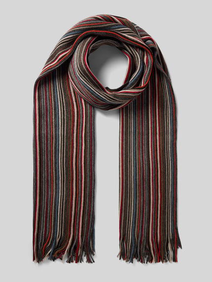 Productfoto, Schal aus Woll-Mix mit Fransen van Christian Berg Men, rechthoekig model, All-over look in rood, beige, blauw en zwart, franjes, Breedte maat 1: 29 cm, Lengte maat 1: 186 cm