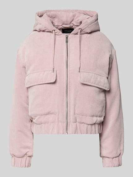 Produktfoto, Regular Fit Bomberjacke mit Kapuze Modell 'SUVA' von Only in rosa Cord, elastische Abschlüsse, aufgesetzte Taschen, Unifarbe, Strukturmuster.