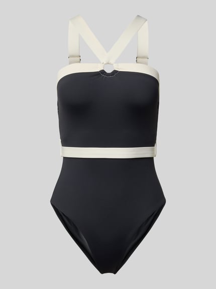 Produktfoto, kostium kąpielowy z szerokimi ramiączkami model 'Blanca Beach' od JOOP! Collection, mieszanka materiałów z dodatkiem streczu, dopasowany krój, tasiemka w talii, kolor czarny z białymi detalami