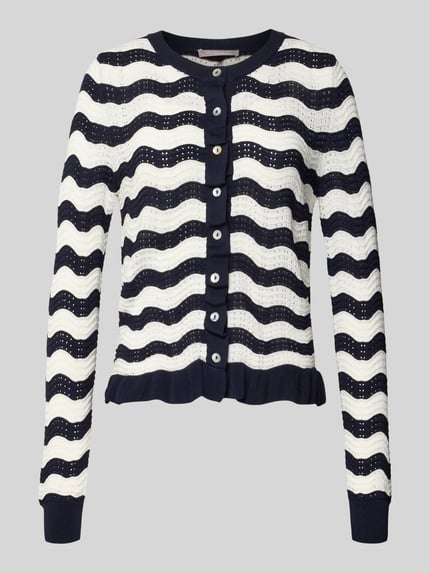 Produktfoto, Strickjacke mit Rundhalsausschnitt und Knopfleiste von Christian Berg Woman Selection, Material-Mix mit Viskose-Anteil, Regular-Fit, schwarz-weiße Wellenstruktur.
