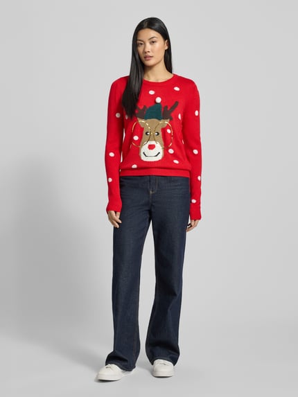 VERO MODA Regular Fit Weihnachtspullover mit Pailletten-Motiv Modell 'TINSEL' Rot 1