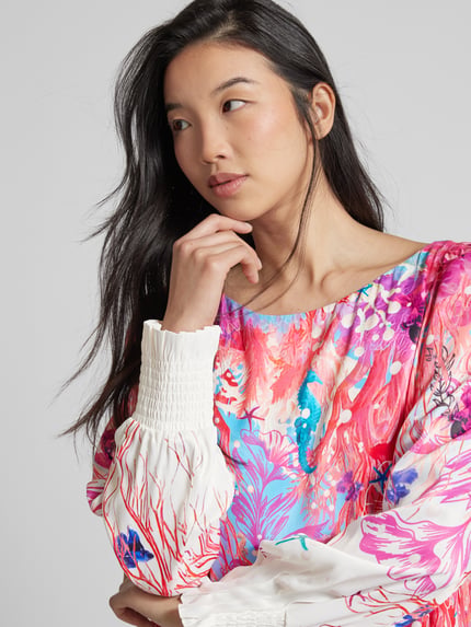 Marc Cain Knielange jurk van viscose met all-over motief Abrikoos - 3