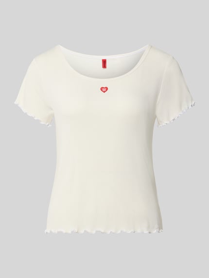 Produktfoto, weißes Regular Fit Pyjama-T-Shirt aus Modal-Mix Modell 'HUGO HEART' von HUGO mit feiner Rippenstruktur, Damen Pyjama von HUGO