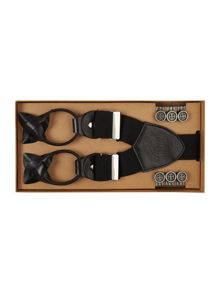 Produktfoto, Hosenträger in Geschenkbox von Lloyd Men's Belts mit schwarzem Band, Lederrückenteil, Y-Form, Vario Knopf-Clips, 3-teilig, Geschenkbox.