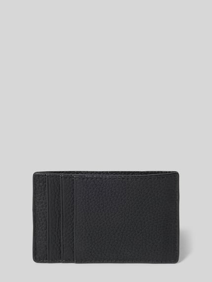 Produktfoto, etui na karty z naturalnej skóry od Michael Kors Model 'HUDSON NOTCHED', czarne, przegródki na karty, detal z logo