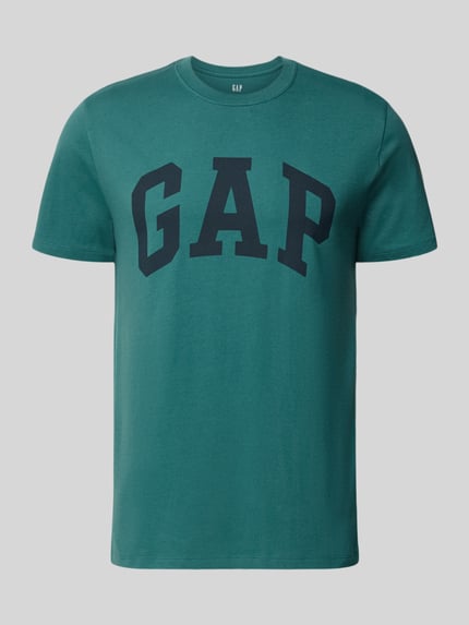 Produktfoto, T-Shirt mit Logo und Rundhalsausschnitt von GAP in Grün mit großem Logo, Reine Baumwolle, Regular-Fit, Rückenlänge 72 cm.