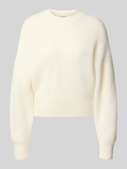 Produktfoto, Pullover aus Mohair mit geripptem Abschluss von Selected in Creme, unifarben, gestrickte Textur, Regular Fit, cropped, Rundhals