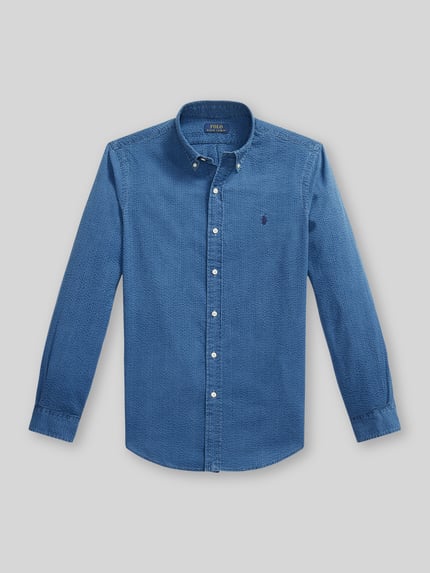 Produktfoto, Regular Fit Freizeithemd aus reiner Baumwolle von Polo Ralph Lauren, niebieski, fakturowany wzór, kołnierzyk typu button down, splot twill, wyhaftowane logo