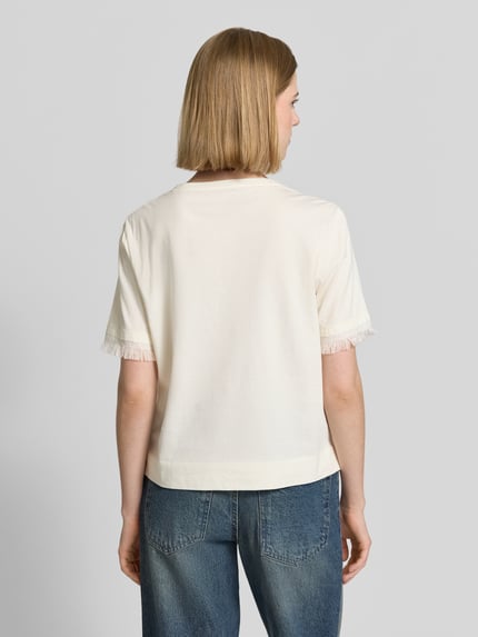 Marc Cain T-shirt z lnu z frędzlami Piaskowy 5
