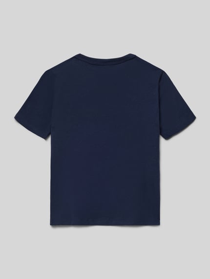 Produktfoto, Regular Fit T-Shirt mit Logo-Print von GAP, Kinder T-Shirt aus reiner Baumwolle, dunkelblau, Rundhalsausschnitt, Rückenlänge bei Größe 116 beträgt 45 cm.