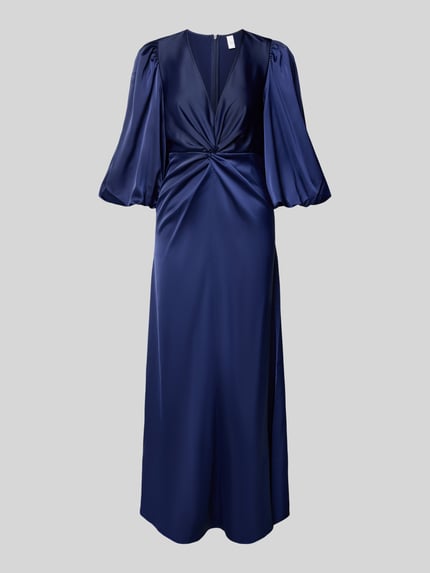 Produktfoto, Maxikleid mit Ballonärmeln Modell 'THEA' von YAS in dunklem Blau, V-Ausschnitt, Knoten-Detail, taillierter Schnitt, glatte Struktur