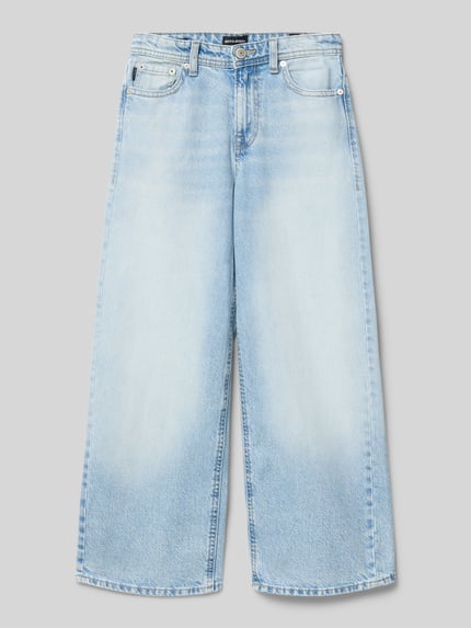 Produktfoto, Jeans met Labeldetail Model 'DAVE' van JACK & JONES, puur katoen, relaxed fit, steekzakken, bandwijdte maat 140: 34 cm, binnenbeenlengte maat 140: 61 cm, kinderjeans, lichtblauw, rechte brede pijpen, gladde textuur