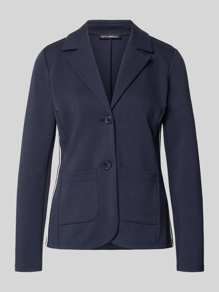 Produktfoto, Slim Fit Blazer aus Viskose-Mix mit Reverskragen von Betty Barclay, Dunkelblau, Stretch-Anteil, Knopfverschluss, AufgesetzteTaschen, Rückenlänge 62 cm, Brustweite 64 cm, Ärmellänge 64 cm