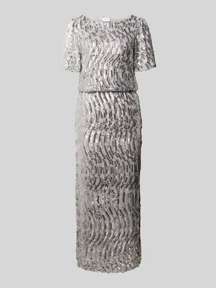 Produktfoto, silberfarbenes Midikleid mit Pailletten Modell 'AMAYI' von VILA, Material-Mix mit Stretch-Anteil, gerader Schnitt, Rundhalsausschnitt.