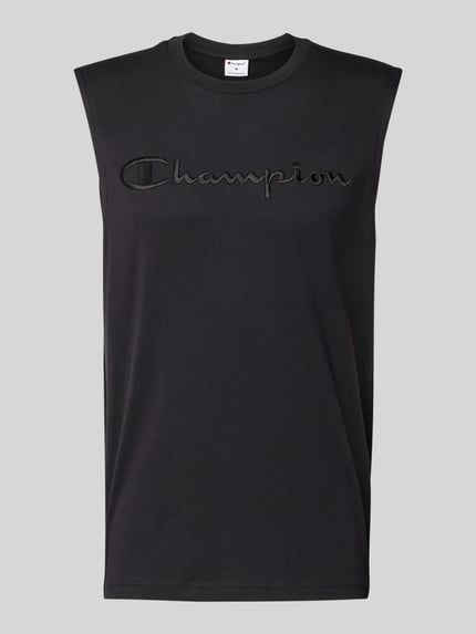Produktfoto, Top mit Label-Stitching und Rundhalsausschnitt von CHAMPION in Schwarz aus Reine Baumwolle, Regular-Fit, Rückenlänge 71 cm Größe M.