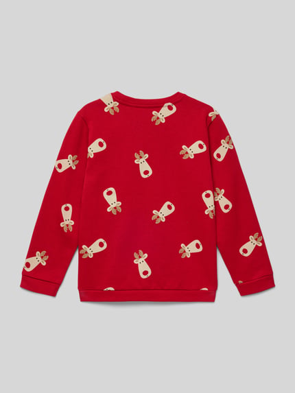 Produktfoto, Sweatshirt mit gerippten Abschlüssen von Blue Seven in Rot mit Rentier-Print, reine Baumwolle, Regular-Fit, Rundhalsausschnitt