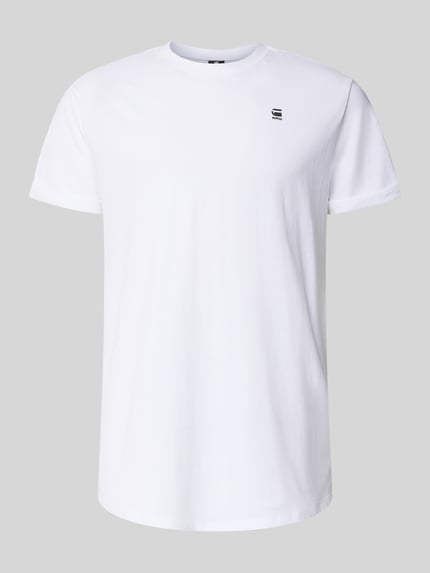 Produktfoto, T-shirt met labeldetail van G-star, heren, puur biologisch katoen, recht model, ronde hals, vaste mouwomslagen, wit.