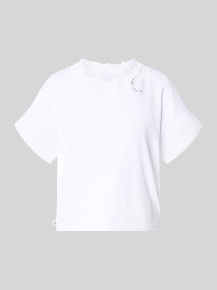 Produktfoto, T-Shirt mit Eingrifftasche am Saum van Marc Cain in wit, mix van katoen en elastaan, los model, ronde hals met tunnelkoord, steekzak, band met tunnelkoord, ruglengte maat 36: 51 cm