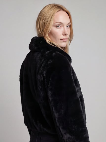 Frauenmodel trägt Webpelzjacke mit Logo-Detail Modell 'Fabi-1' von HUGO, unifarbene Struktur, Oversized, elastische Abschlüsse, Ganzkörperansicht Rückansicht.