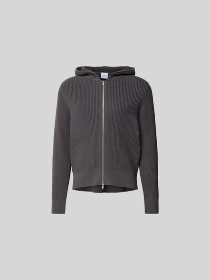 Produktfoto, Regular Fit Jacke in Strick-Optik von WON HUNDRED, bawełna, krój regular fit, kaptur, zamek błyskawiczny dwustronny, kolor ciemnoszary, wyraźna tekstura dzianiny, długość tyłu 68 cm, szerokość ramion 46 cm, długość rękawów 72 cm, rozmiar M