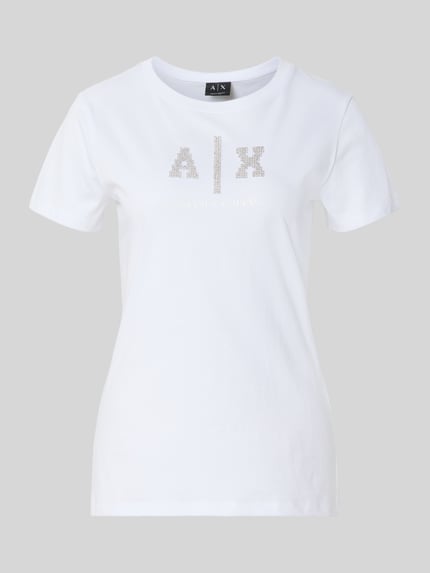 Productfoto, T-Shirt met logo en ronde hals van ARMANI EXCHANGE, puur katoen, regular fit, wit met subtiel logo, ruglengte maat S: 58 cm