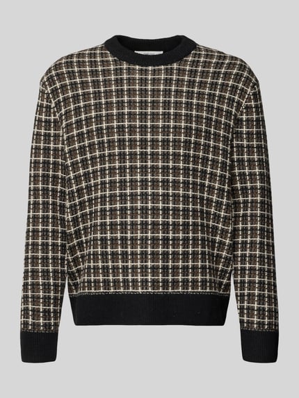 Produktfoto, Regular Fit Strickpullover aus Woll-Mix Modell 'MIKOLAS' von SELECTED HOMME mit kariertem Allover-Muster in Braun, Beige und Schwarz, Crew Neck, gerippte Abschlüsse, gestrickte Struktur