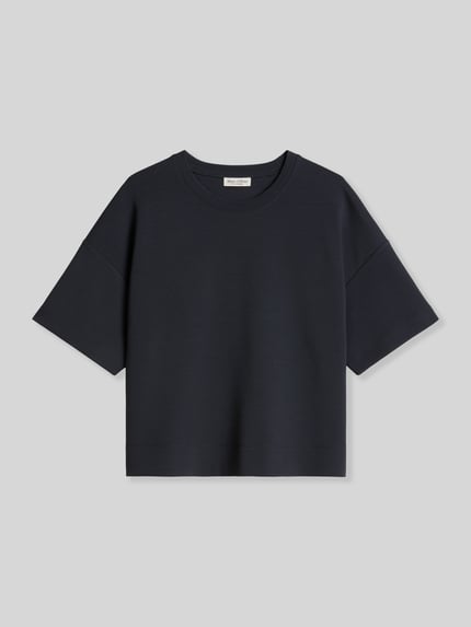 Produktfoto, dunkelblaues Loose Fit T-Shirt aus Baumwoll-Mix von Marc O'Polo, schlichte Struktur, kurze Ärmel, Damen T-Shirt