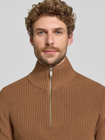 MCNEAL Slim fit gebreide pullover van pure katoen met schipperskraag Taupe - 3
