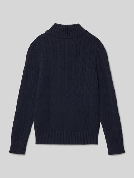 Produktfoto, granatowy Strickpullover mit Zopfmuster und Stehkragen von Polo Ralph Lauren Teens, czysta bawełna, regular fit, widoczne tekstury.