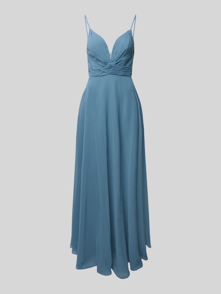 Produktfoto, Regular Fit Abendkleid mit gelegten Falten von Laona in Blau, tiefer V-Ausschnitt, Spaghetti-Träger, fließendes Material.