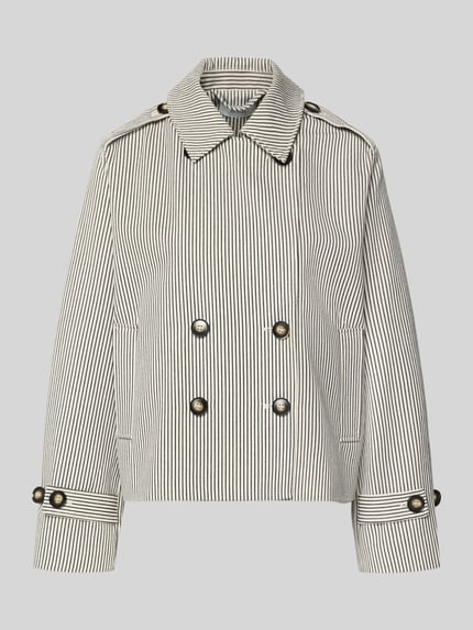 Produktfoto, Relaxed Fit Jacke mit Umlegekragen Modell 'Becker' van mbyM, katoenmix, zwarte en witte strepen, steekzakken, dubbele knoopsluiting, maat S: ruglengte 58 cm, schouderbreedte 42 cm, borstwijdte 49 cm, mouwlengte 59 cm.