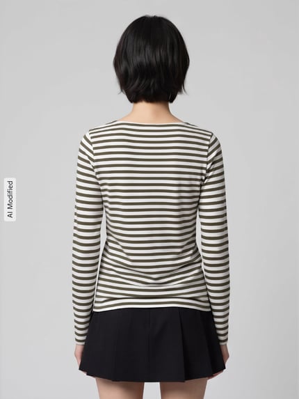 Vrouwenmodel draagt slim fit shirt met lange mouwen van puur katoen in zwart-wit gestreept, s.Oliver RED LABEL, geheel van achteren, KI-modificeerd beeld