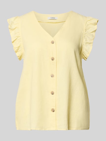 Produktfoto, Regular Fit Bluse aus Leinen-Viskose-Mix mit Rüschen von B.Young, żółta, mieszanka lnu i wiskozy, krój regular fit, model 'FALAKKA', falbany, dekolt w serek, listwa guzikowa, długość tyłu w rozmiarze 36: 34 cm, długość rękawów w rozmiarze 36: 5 cm