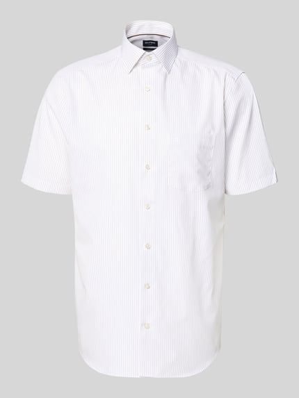 Produktfoto, Modern Fit Business-Hemd mit borstzak van OLYMP van puur katoen, kentkraag, knoopsluiting, logostitching, afgeronde zoom, wit met fijne strepen