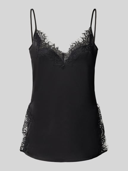 Produktfoto, Spitzentop mit V-Ausschnitt Modell 'Brenda' von My Essential Wardrobe aus schwarzem Satin mit Spitze, Regular Fit, verstellbare Spaghettiträger, Rückenlänge 45 cm bei Größe 36