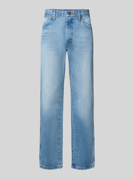Produktfoto, Bootcut Jeans aus reiner Baumwolle von Wrangler in hellblauer Denim-Optik, 5-Pocket-Design, Knopfverschluss, Twillstruktur