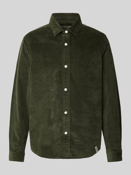Produktfoto, Regular Fit Hemdjacke aus Cord mit Kentkragen von Superdry in Dunkelgrün, reine Baumwolle, sichtbare Knopfleiste, Label-Detail