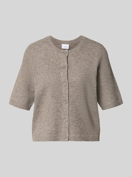 Produktfoto, Regular Fit Cardigan in Strick-Optik Modell 'Iga' von VILA, beige meliert, strukturierte Oberfläche, 1/2-Arm, Knopfleiste, elastischer Material-Mix