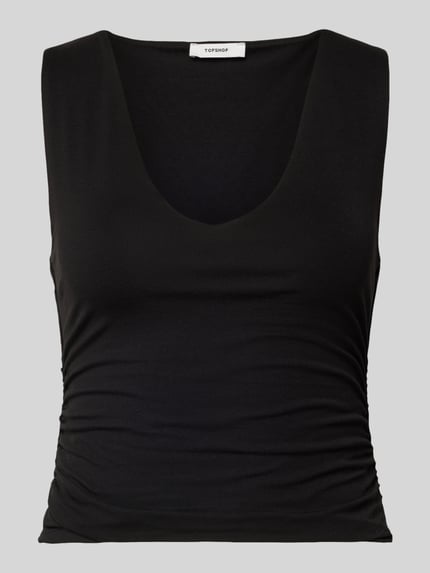Productfoto, Slim Fit trägertop met plooien en V-hals model 'MY' van Topshop, katoen-elastaanmix, cropped, zwart, context: dames trägertop, ruglengte maat S: 43 cm